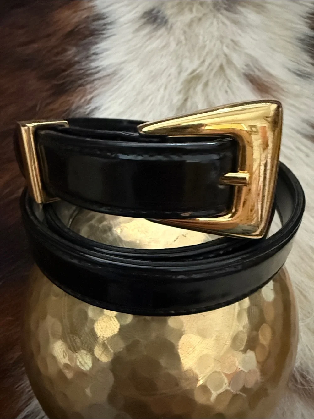St. John Black Patent Leather Belt with Gold Buckle